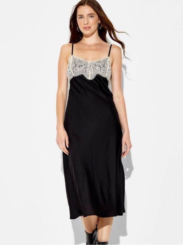 Wild Fable Black Satin Slip Dress With Cream Lace